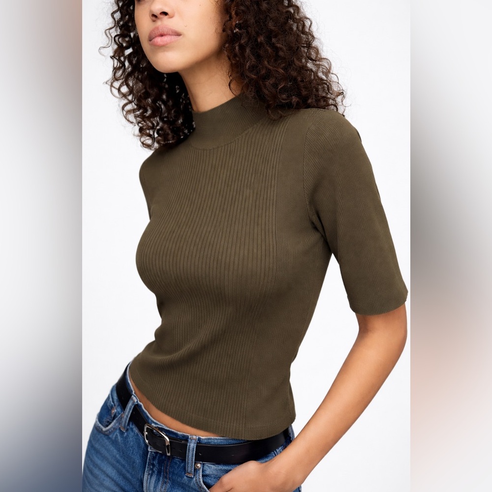 Women’s Scoop Stretchy Olive Green Ribbed Mock Neck Short Sleeve Top